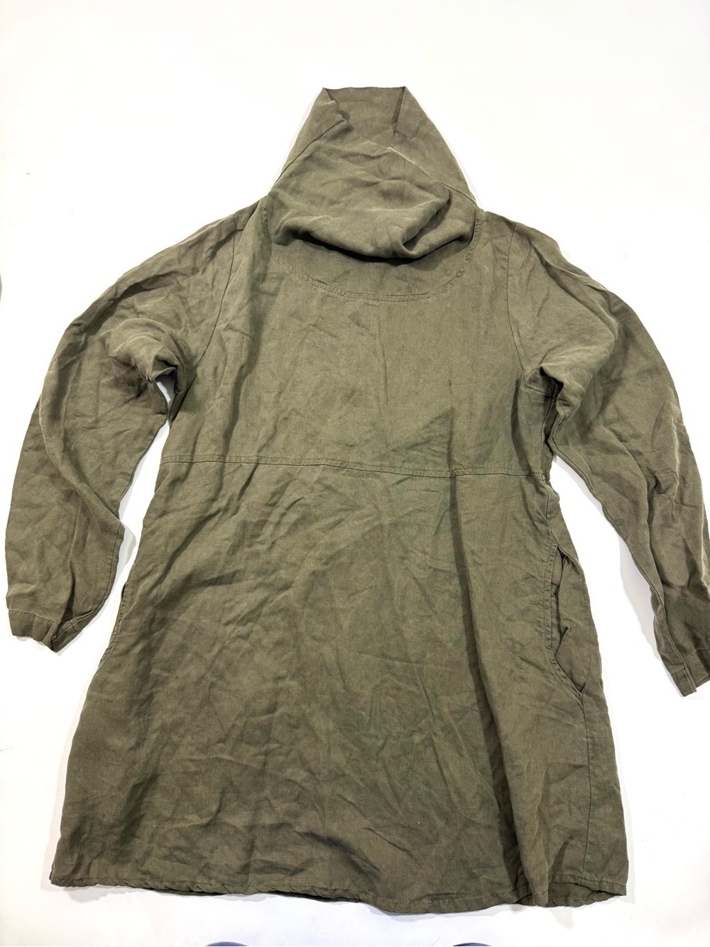 Flax Drape Cowl Neck Tunic Shirt Long Sleeve Green